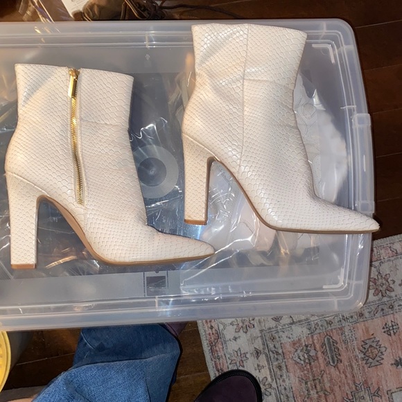 Shoes - Dolly Block Heel Ankle Boot White Snake Skin